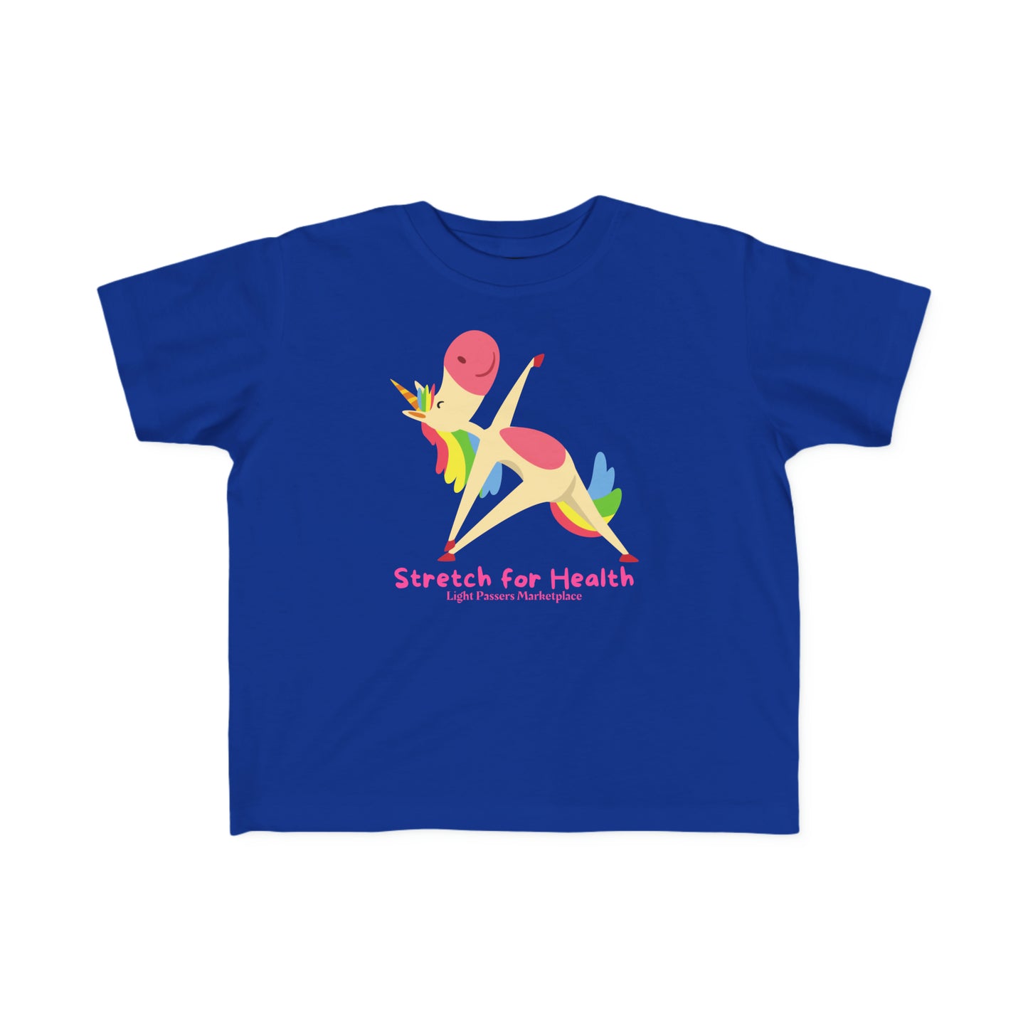 A toddler's Unicorn Stretch Yoga T-shirt in blue, featuring a cartoon unicorn print. Made of soft, 100% combed cotton with a durable, high-quality print for sensitive skin.