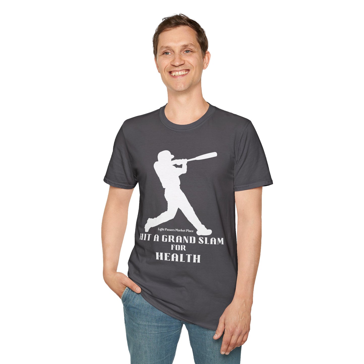 A man in a Grand Slam For Health unisex t-shirt with a baseball bat design, showcasing casual comfort in 100% ring-spun cotton. No side seams, ribbed collar, and tear-away label for ultimate wearability.