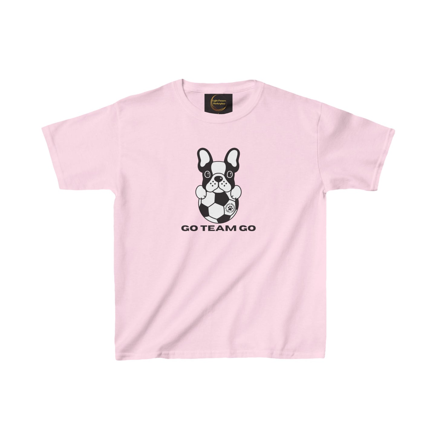 Teams Soccer Dog Go Team Go Youth T-shirt featuring a dog with a soccer ball, perfect for young soccer enthusiasts, made from soft, midweight US cotton.