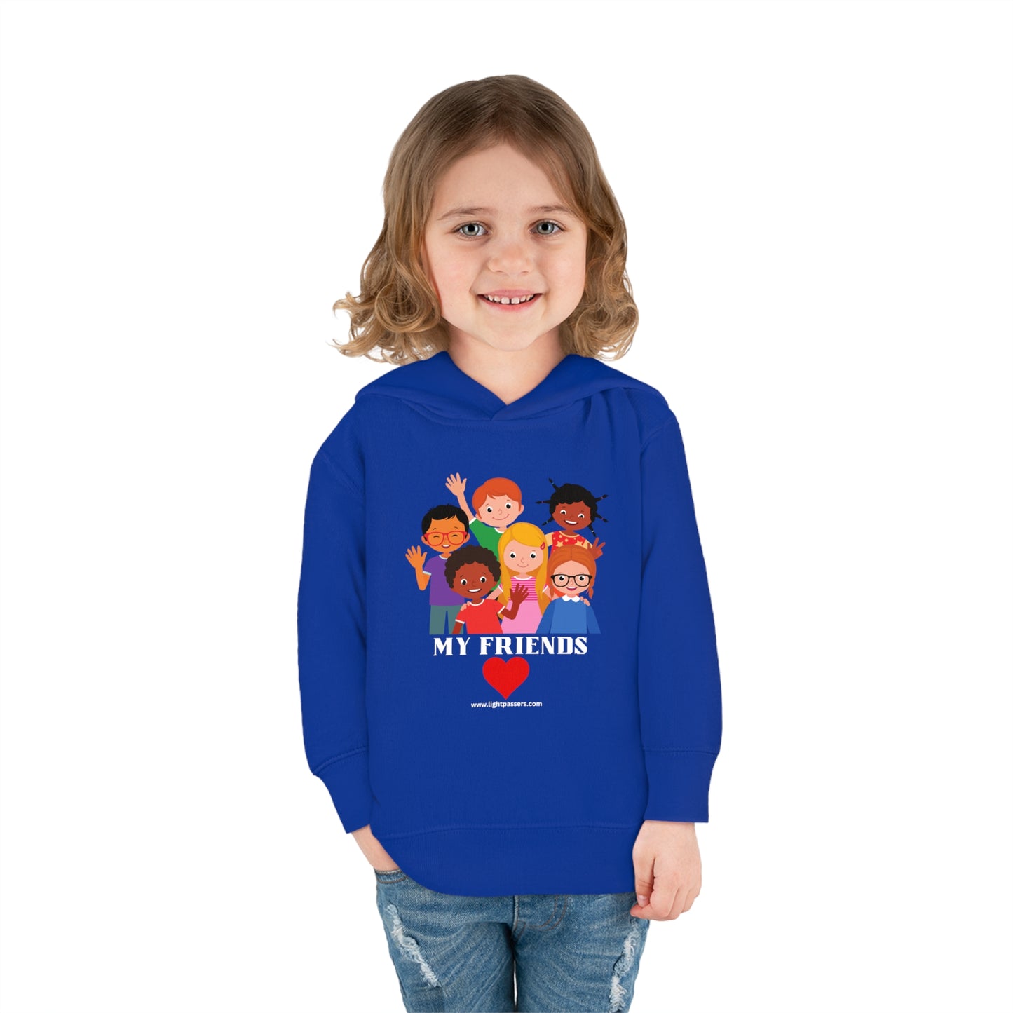 A personalized toddler hoodie featuring a smiling child design, side seam pockets, and cover-stitched details for durability. Made of 60% cotton, 40% polyester blend for comfort and longevity.