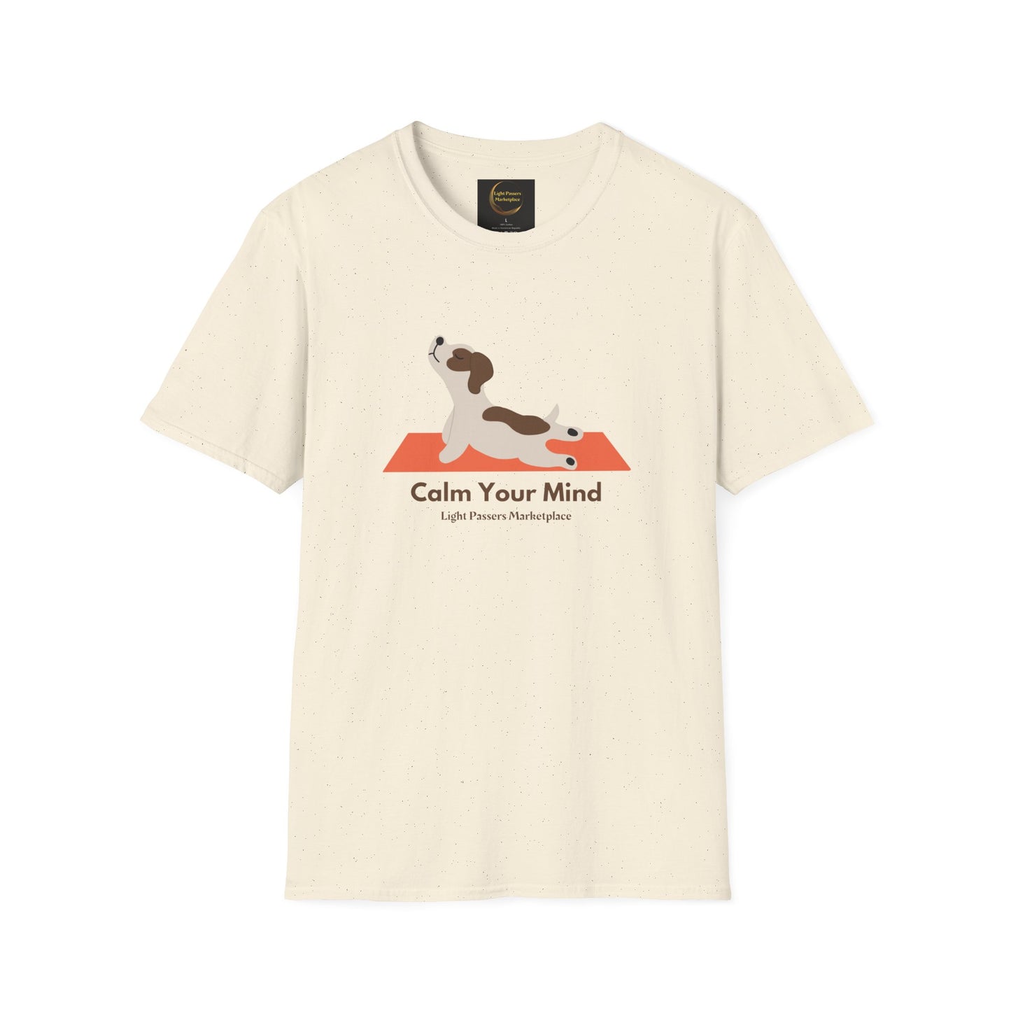 A white unisex t-shirt featuring a dog in a yoga pose, made of soft 100% ring-spun cotton. Ribbed collar, tear-away label, and ethically sourced US cotton for ultimate comfort and sustainability.