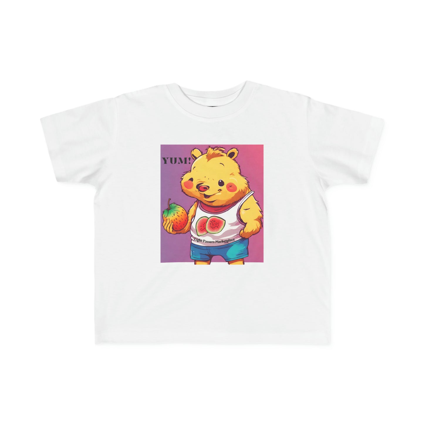 Yum Strawberries Toddler T-shirt featuring a white tee with a cartoon bear holding fruit, ideal for sensitive skin. Made of 100% combed cotton, light fabric, classic fit, tear-away label, true to size.