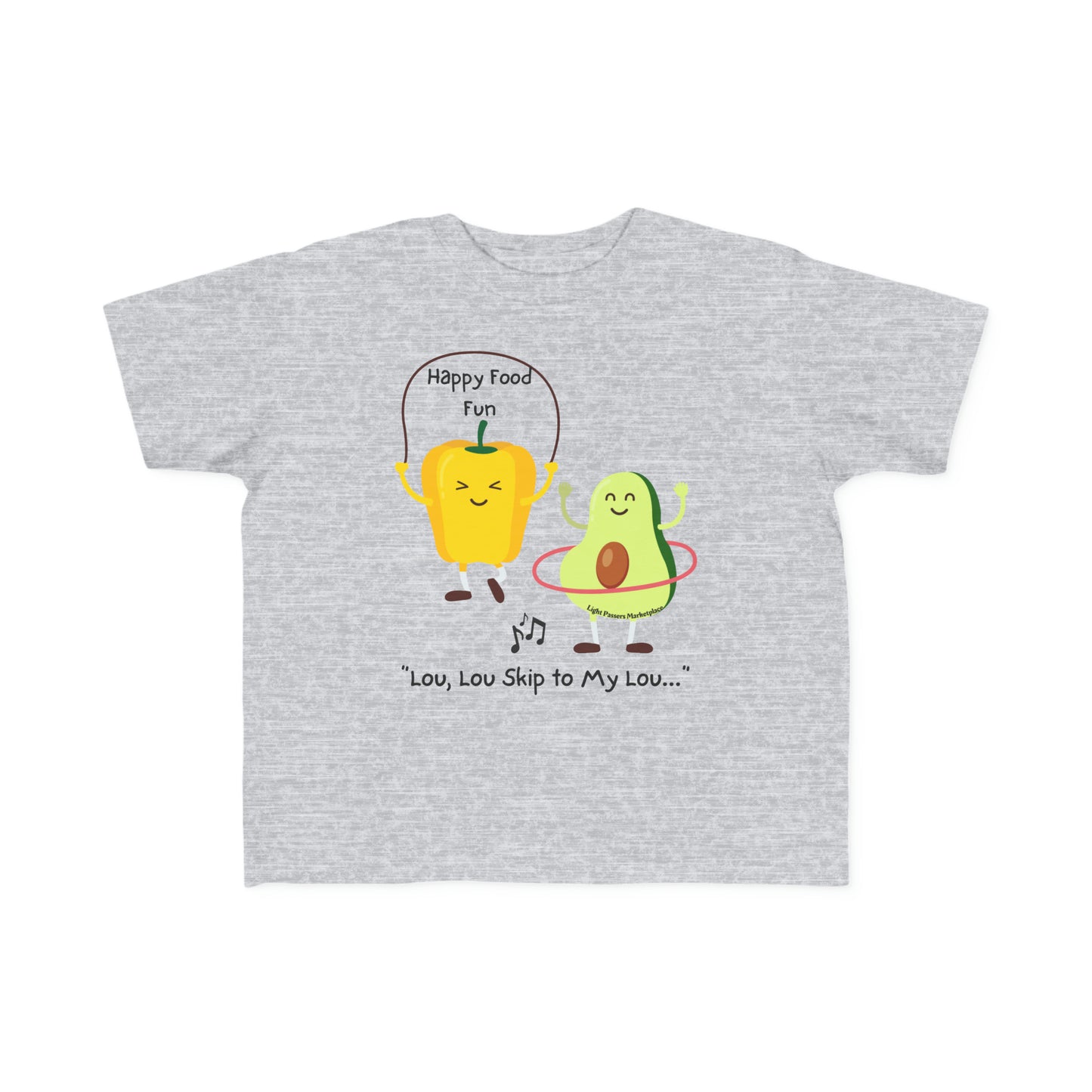 A Skip To My Lou Toddler T-shirt featuring cartoon avocado and pepper characters skipping rope, made of soft 100% combed cotton with a durable print. Ideal for sensitive skin, light fabric, tear-away label, classic fit.
