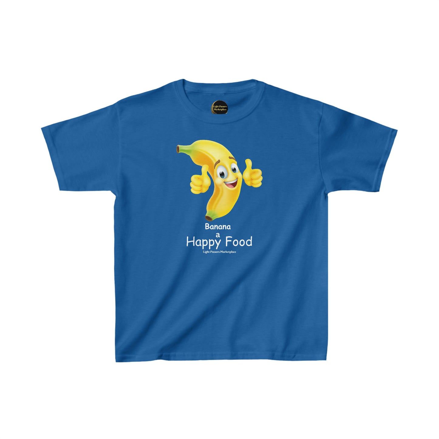 Youth blue t-shirt featuring a cartoon banana with a thumbs up, made of 100% cotton for durability and comfort. Ribbed collar, tear-away labels, and ethically sourced US cotton.