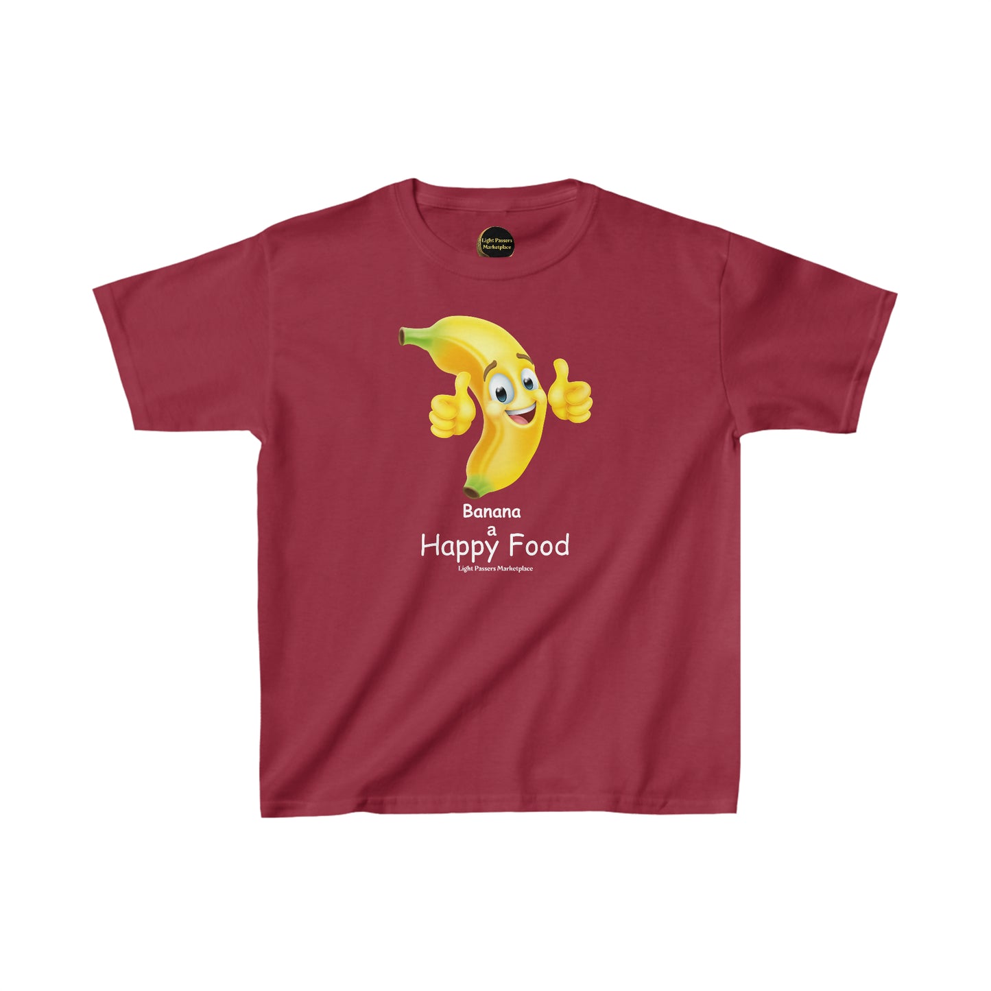 A red youth t-shirt featuring a cartoon banana giving a thumbs up, made of 100% cotton for comfort and durability. Ethically sourced and perfect for everyday wear.