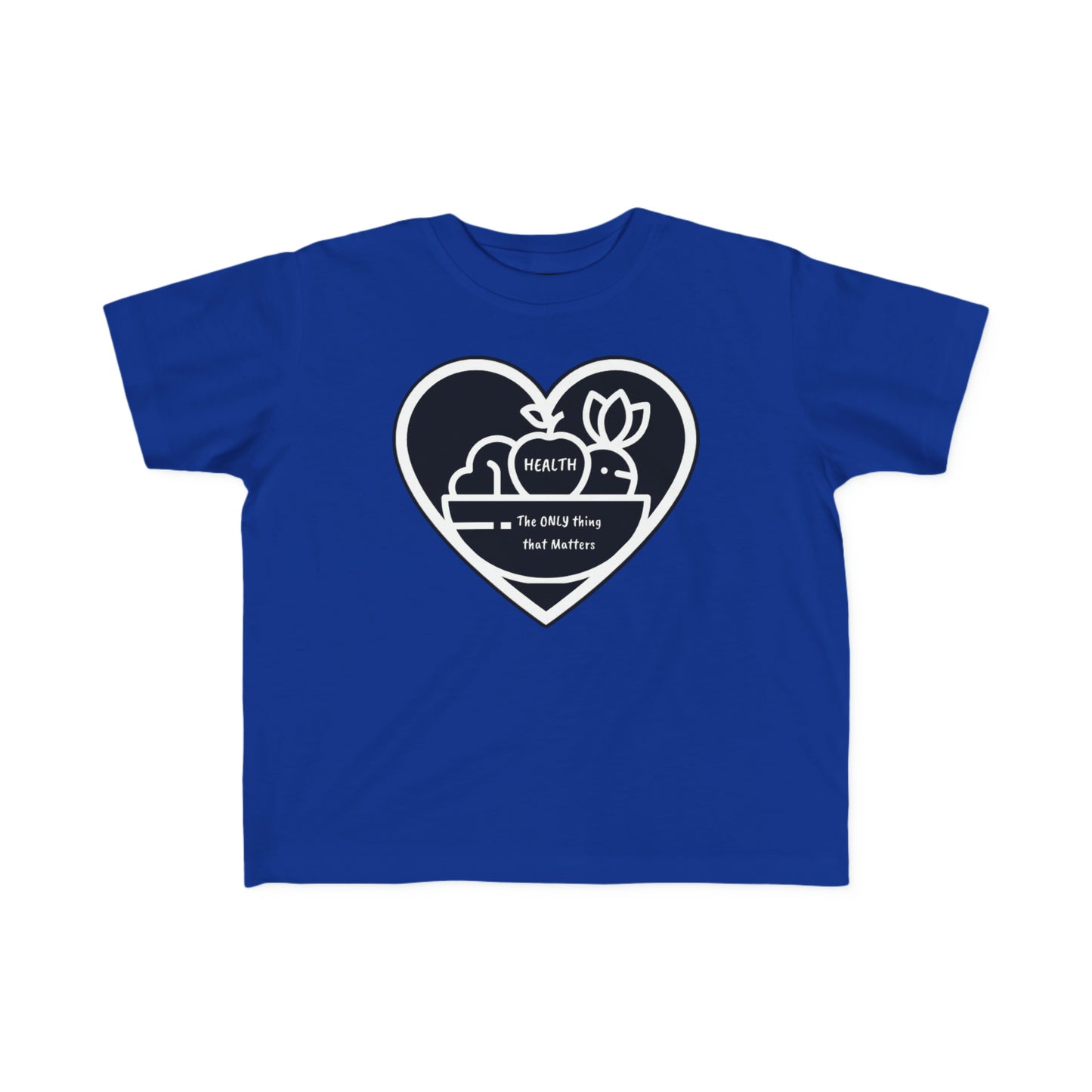 A toddler's Fruit Basket T-shirt featuring a heart and flower design on blue fabric. Soft, durable 100% combed cotton, tear-away label, classic fit. Ideal for sensitive skin, first adventures.