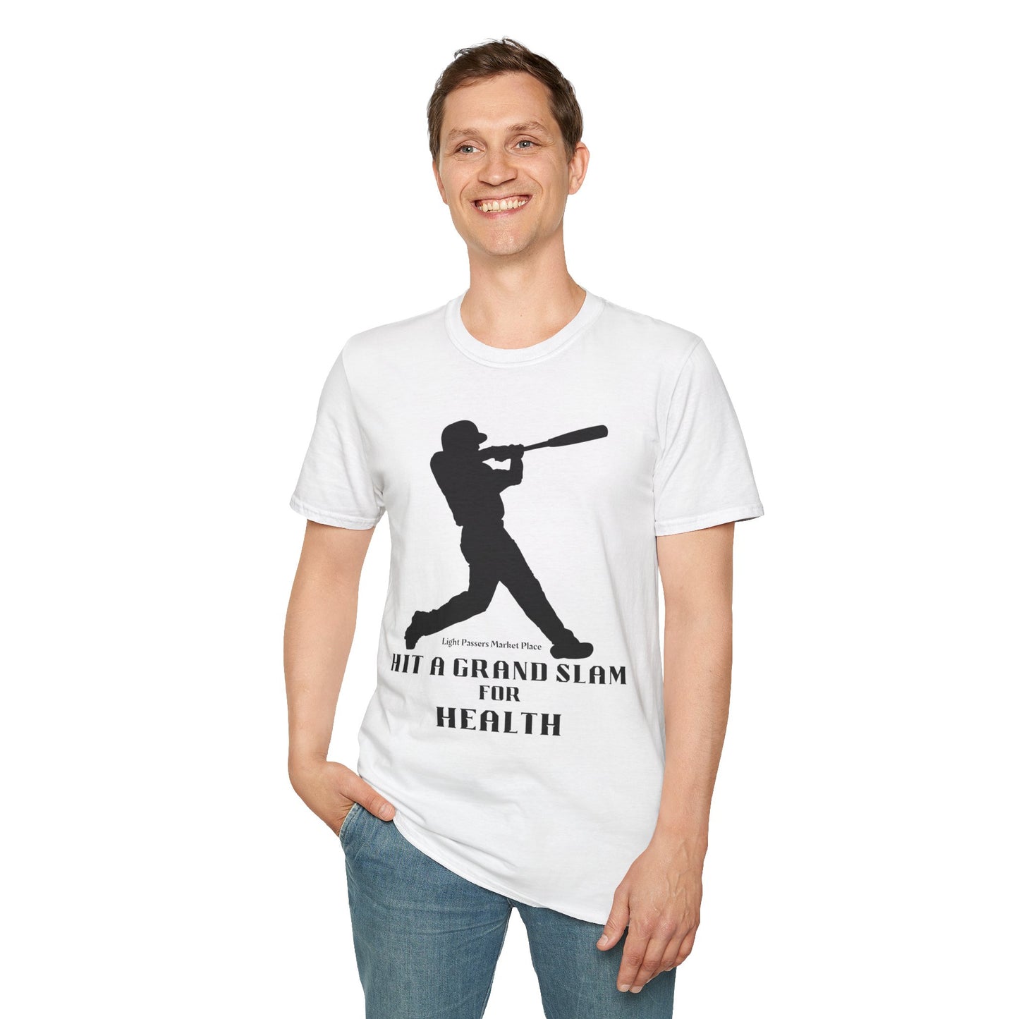 A smiling man in a white Grand Slam For Health unisex t-shirt with a baseball bat, embodying casual comfort and durability. Made of 100% ring-spun cotton, featuring twill tape shoulders and a ribbed collar.