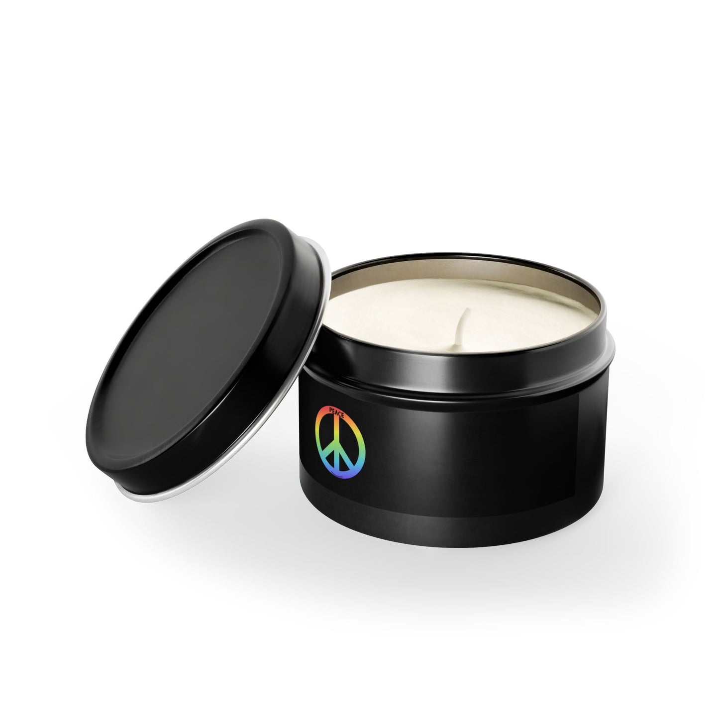 Tin Candle - Peaceful Relaxation Aroma, featuring a reusable black tin with a white candle inside, perfect for creating a calming atmosphere.