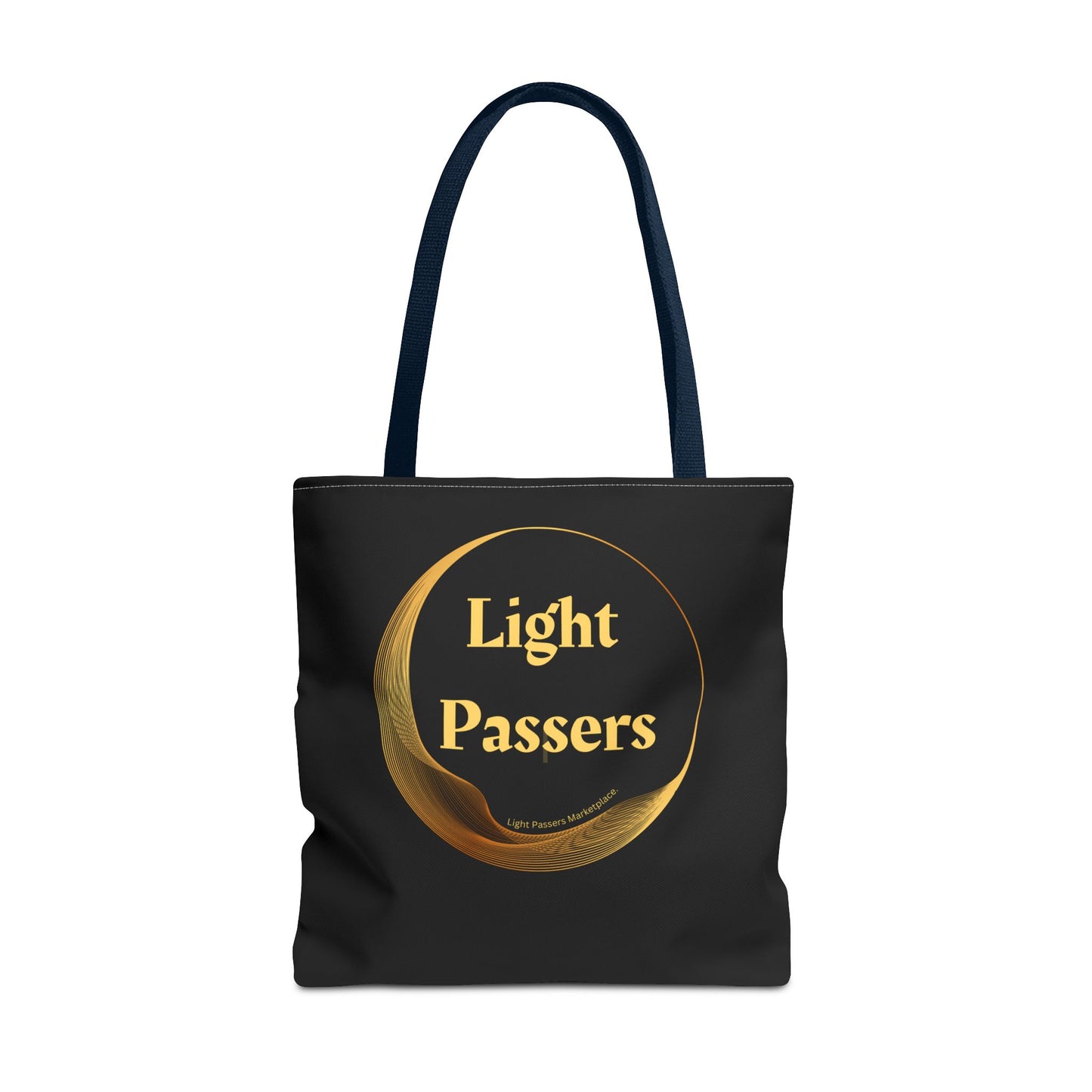 Cool Stuff Accessories Light Passers Gold Logo Tote Bag features a black design with a gold logo, cotton webbing straps, and durable polyester fabric, available in three sizes.