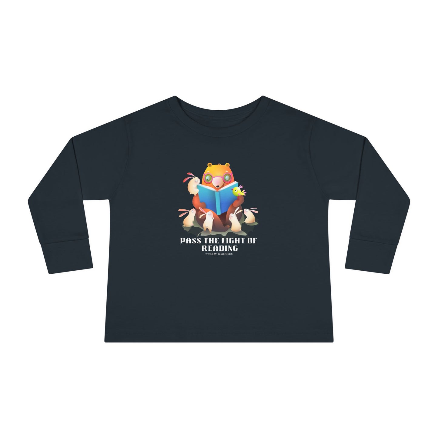 Toddler Long Sleeve Pass the Light of Reading shirt featuring a cartoon bear reading a book with bunnies, made from soft, durable cotton for comfort.