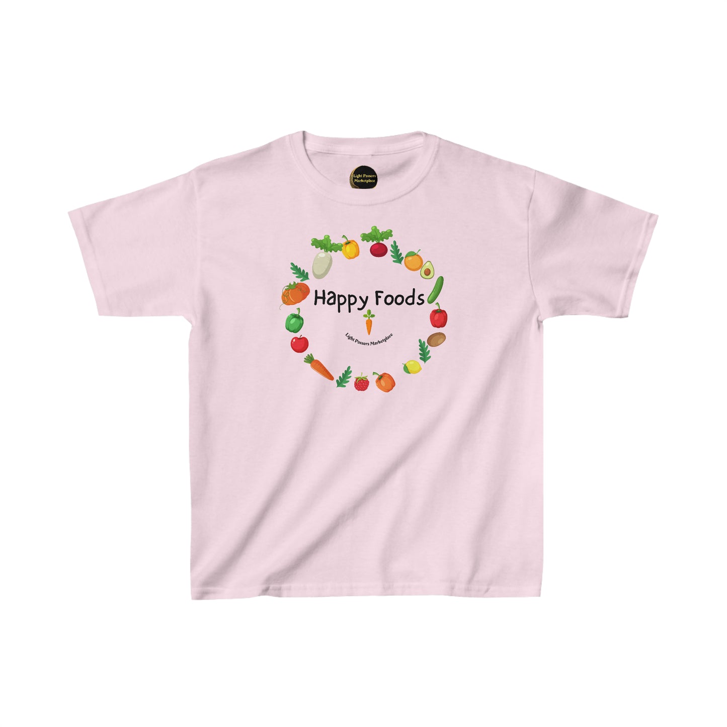 A youth t-shirt featuring a smiley face logo, ideal for everyday wear. Made of 100% cotton, with twill tape shoulders and ribbed collar for durability. Ethically sourced US cotton.