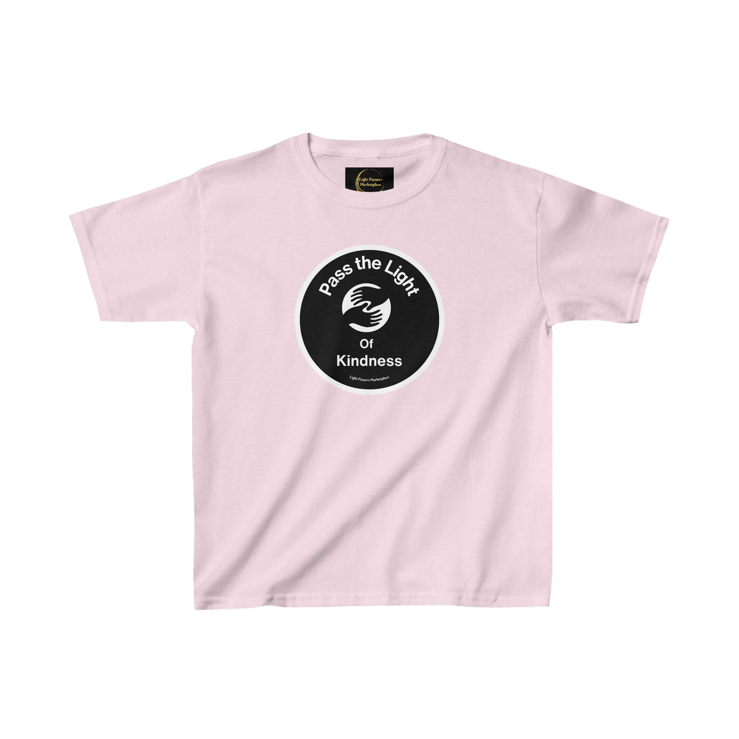 Youth T-shirt featuring Pass the Light of Kindness logo on pink fabric with black circle. 100% cotton, durable twill tape shoulders, ribbed collar, tear-away label. Classic fit, midweight fabric.