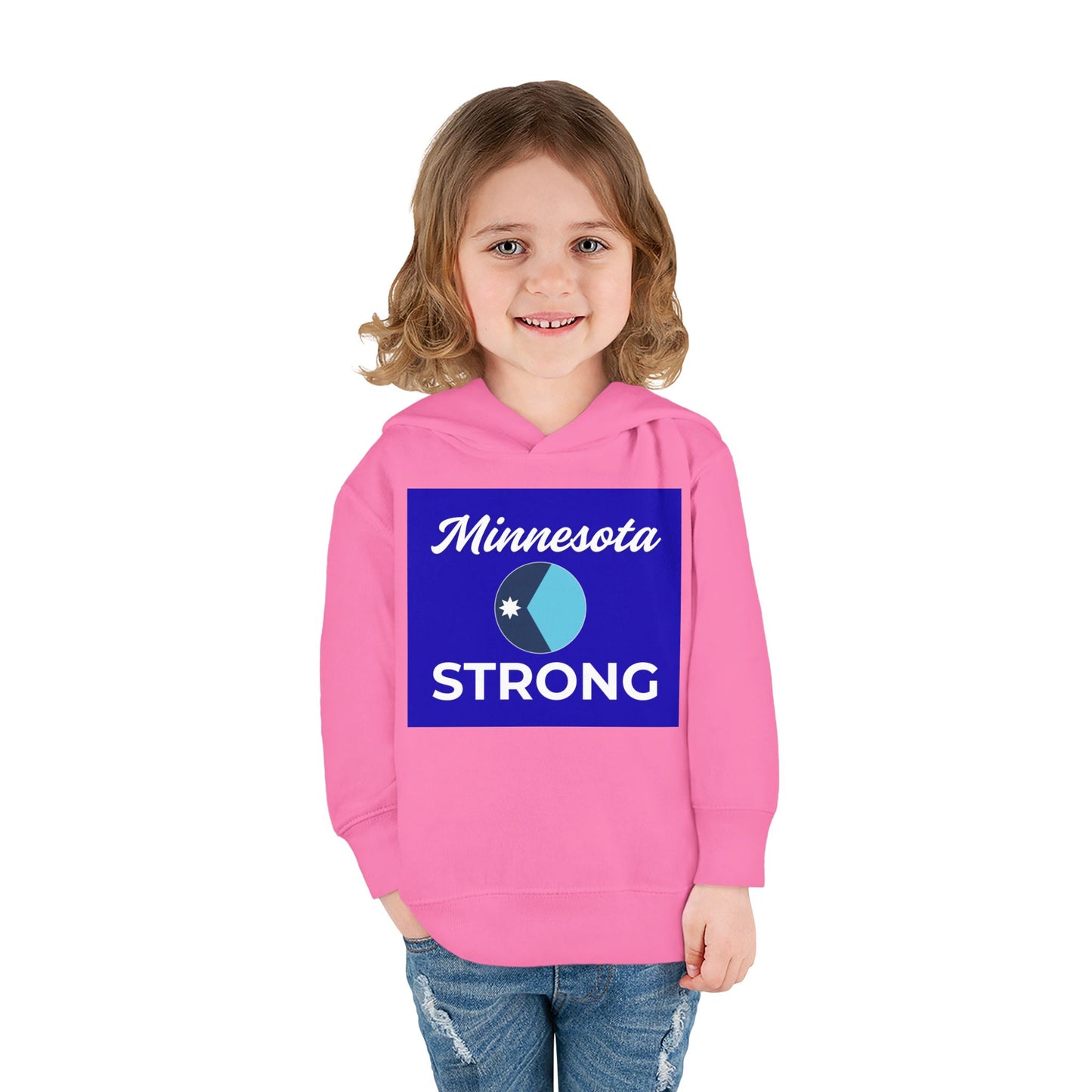 Toddler wearing Minnesota Strong pink hoodie, featuring blue emblem and script, showcasing warmth and comfort. Part of Light Passers Marketplace's inspirational collection.