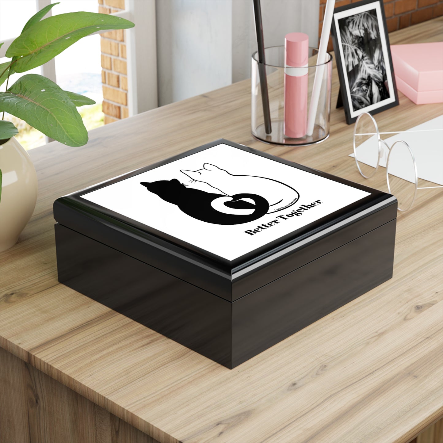 Better Together 2 Cats Love Tails Jewelry Box on table, featuring dual hinges, glossy finish, and cat-themed design, ideal for organizing small items.