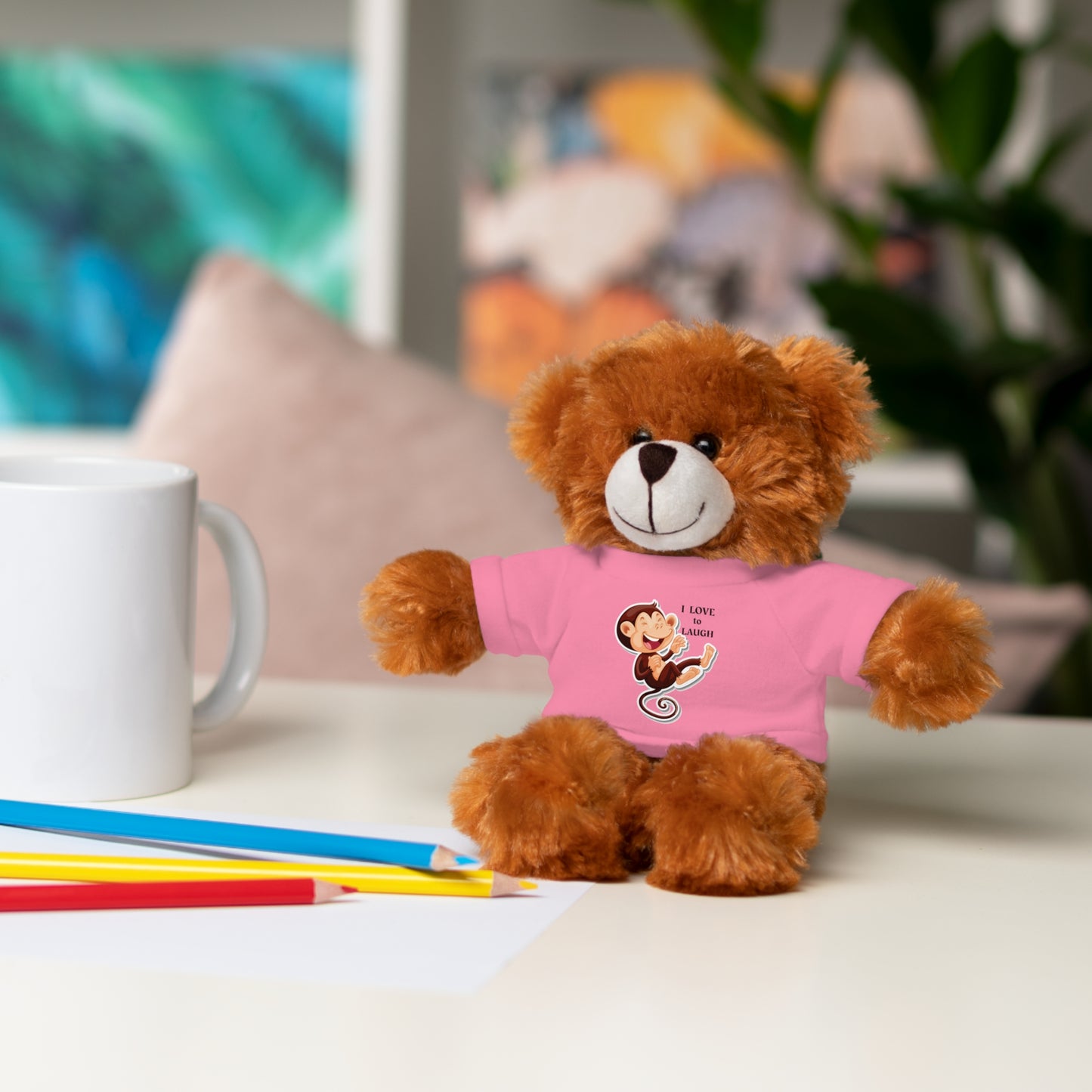 Cool Stuff Stuffies 6 Animals I Love to Laugh Monkey plush toy with removable T-shirt, perfect for kids' play and snuggle, featuring a pink shirt.