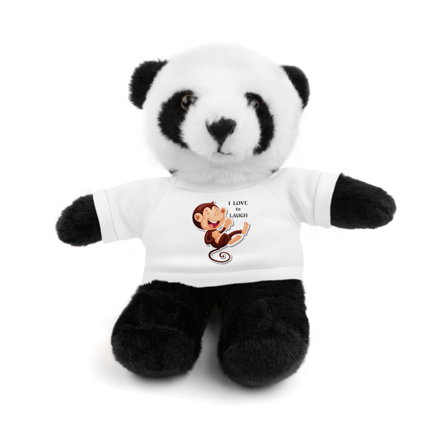 Stuffed panda bear with removable 'I Love to Laugh' Monkey t-shirt, part of Cool Stuff Stuffies collection, ideal for kids' play and snuggling.