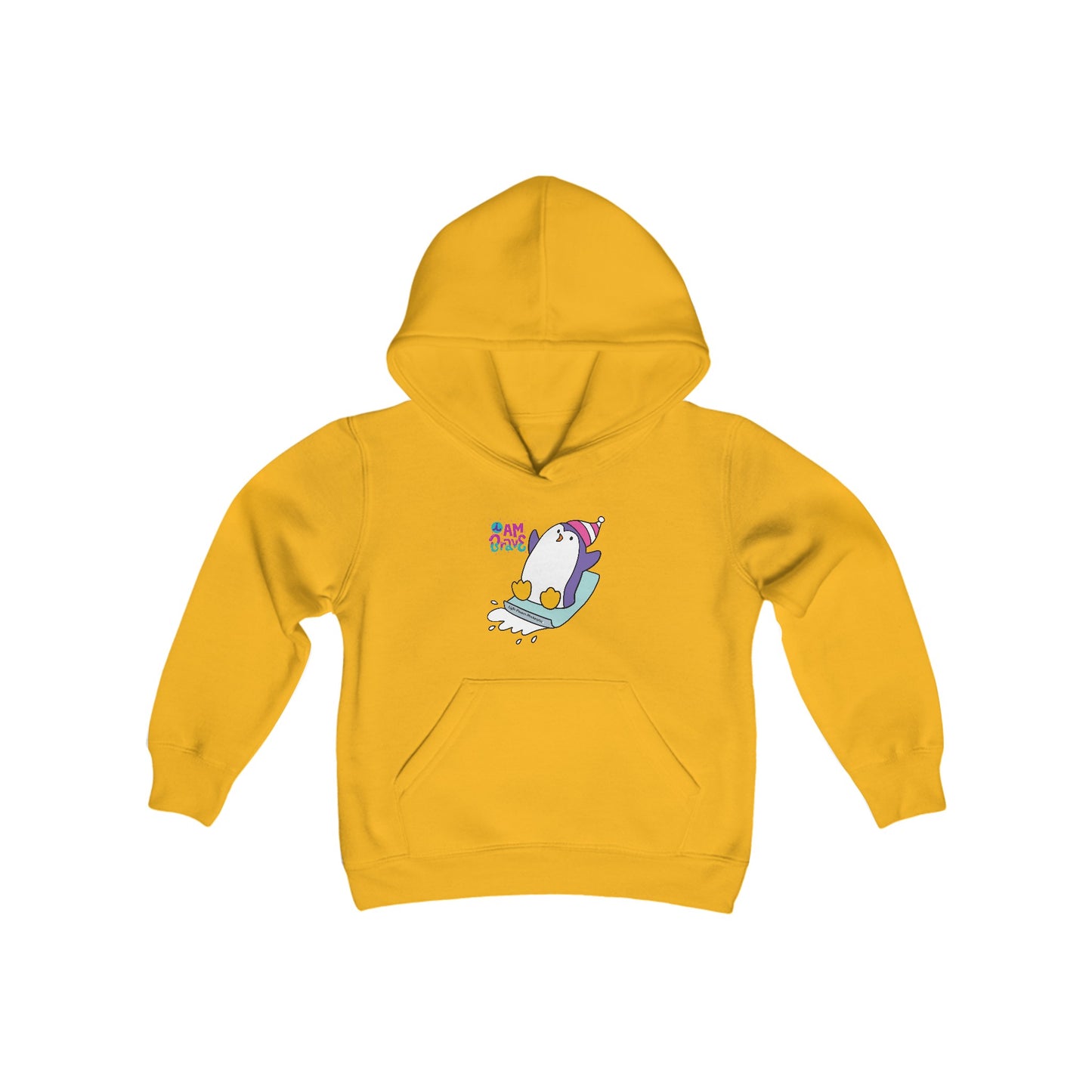 Brave Penguin Youth Hoodie featuring a cartoon penguin graphic, spacious kangaroo pouch pocket, and a cozy fit, ideal for winter adventures.