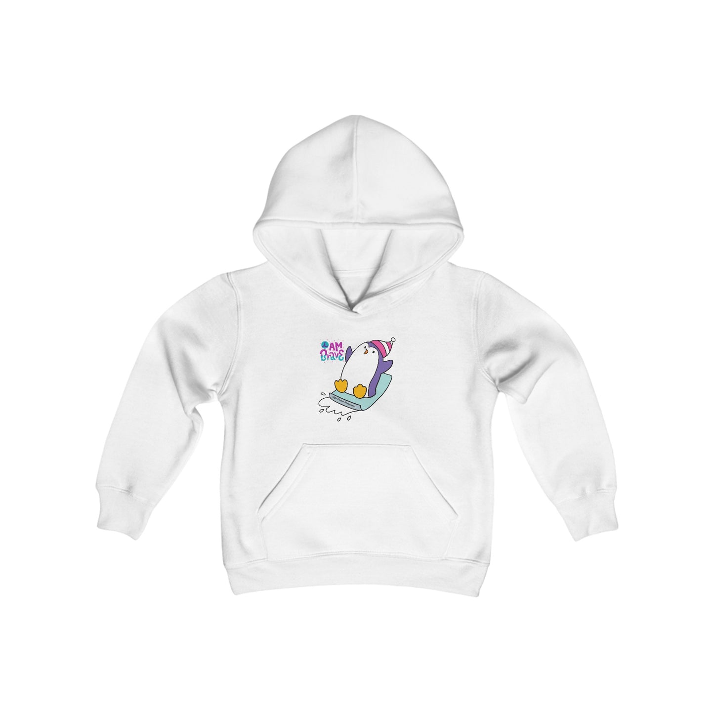 Brave Penguin Youth Hoodie featuring a cartoon penguin on a sled, with a spacious kangaroo pocket and durable 50% cotton, 50% polyester blend.