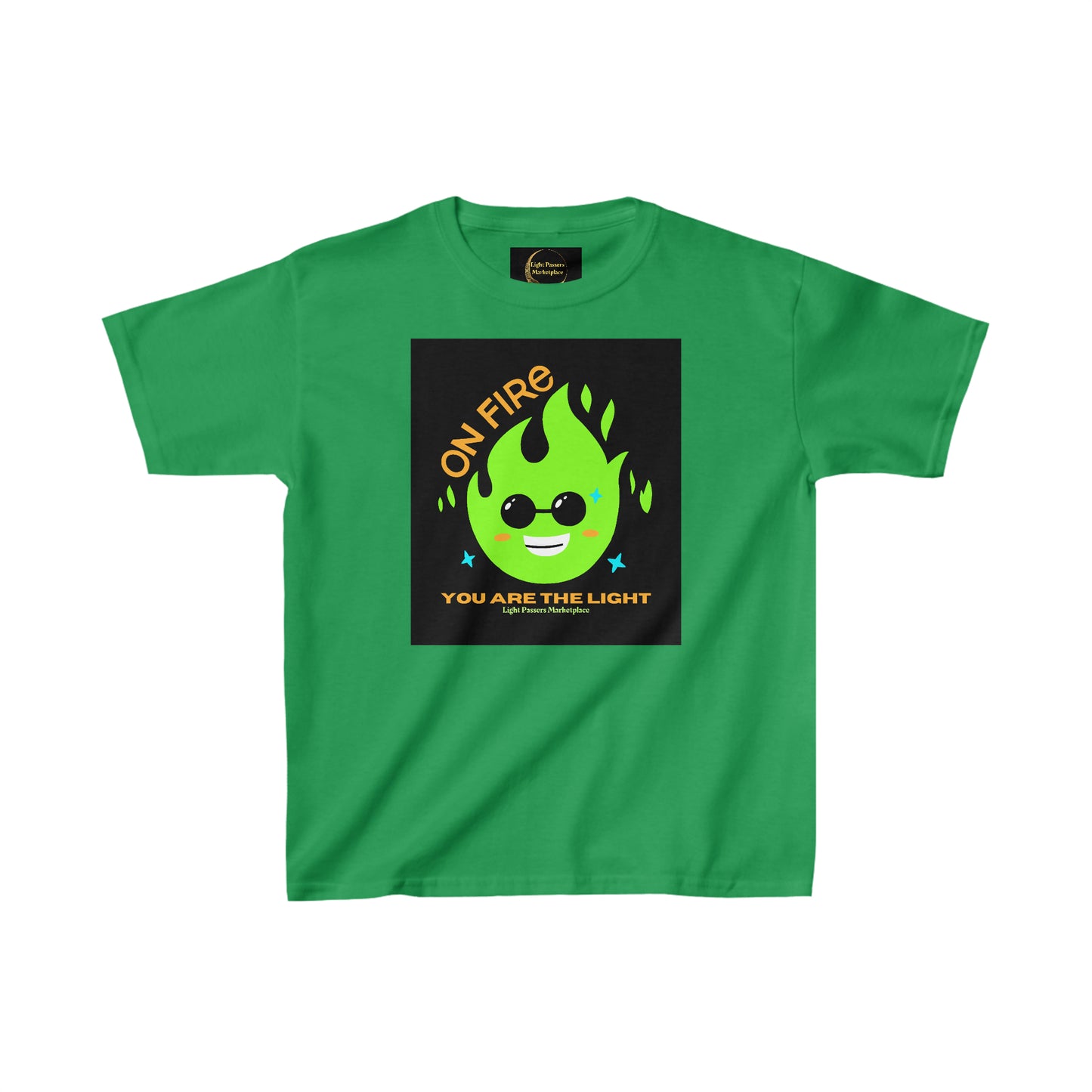A green youth t-shirt featuring a cartoon fire design with sunglasses, ideal for everyday wear. Made of 100% cotton with twill tape shoulders for durability and a curl-resistant collar.
