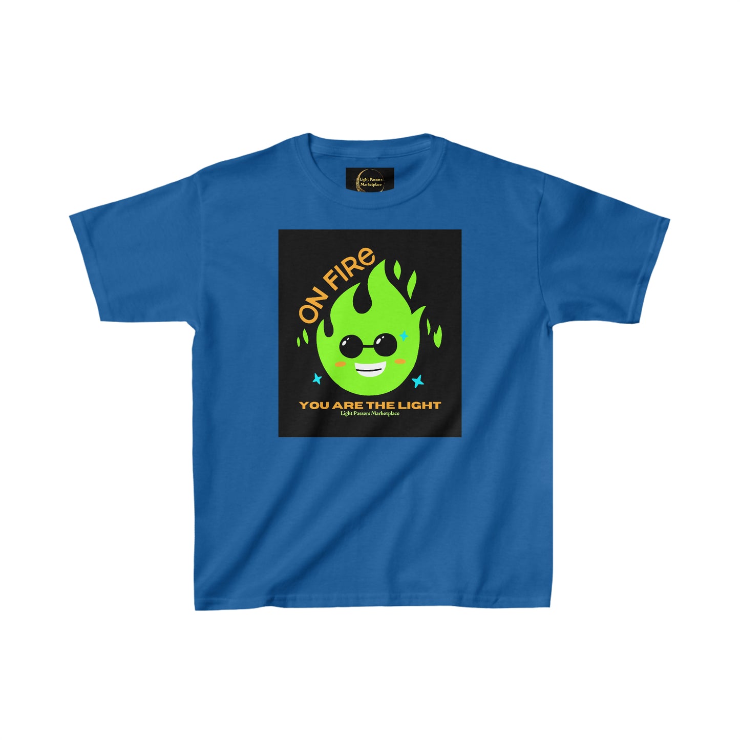 A youth t-shirt featuring a cartoon fire design, ideal for everyday wear. Made of 100% cotton with twill tape shoulders and ribbed collar for durability. Midweight fabric, tear-away label, classic fit.