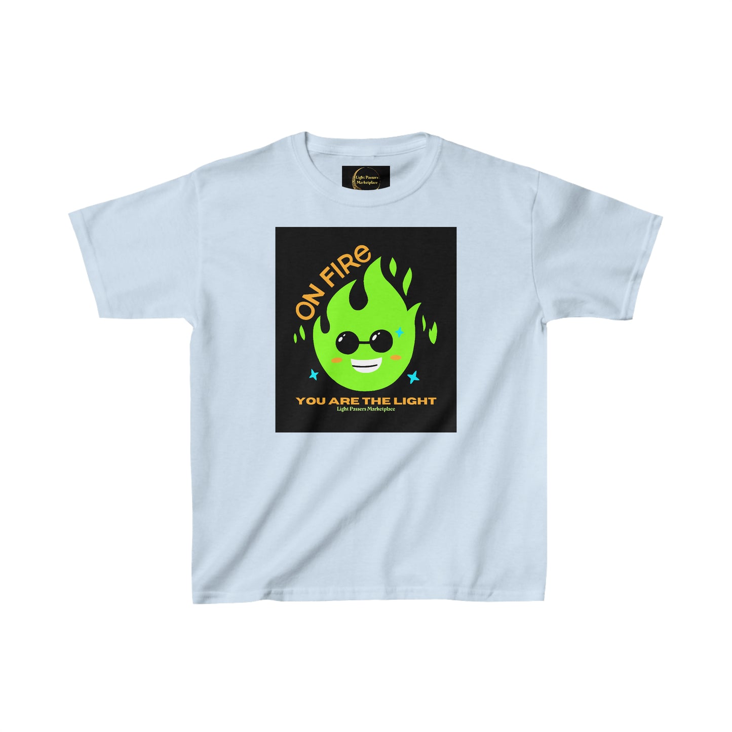 Youth T-shirt featuring a cartoon fire design, ideal for daily wear. Made of 100% cotton with twill tape shoulders and ribbed collar for durability. Midweight fabric, tear-away label, classic fit.
