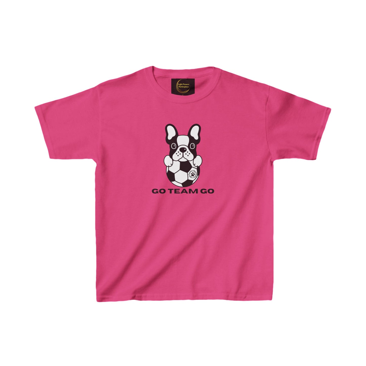 Teams Soccer Dog Go Team Go Youth T-shirt featuring a black and white dog with a soccer ball perfect for young soccer fans.