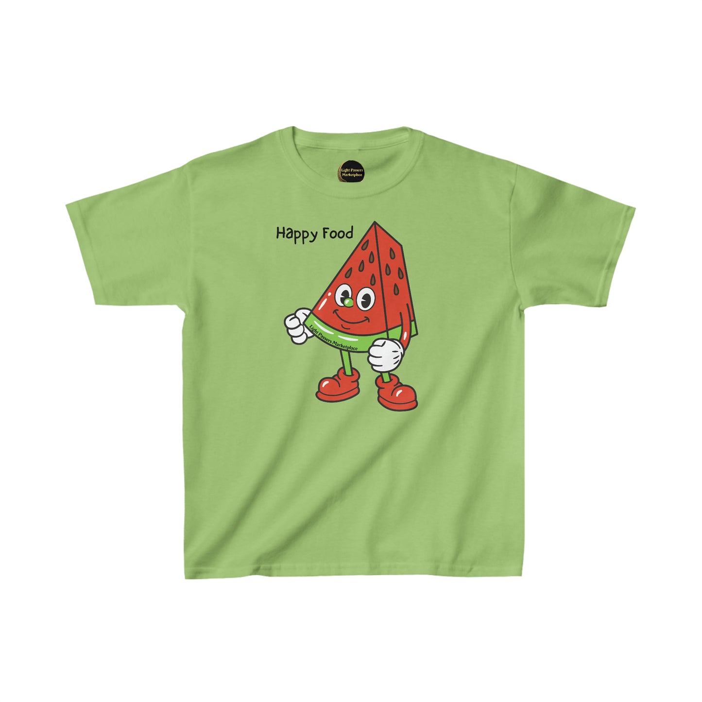 A green youth t-shirt featuring a cartoon watermelon character, made of 100% cotton for comfort, with twill tape shoulders for durability and a curl-resistant collar. Ethically sourced and Oeko-Tex certified.
