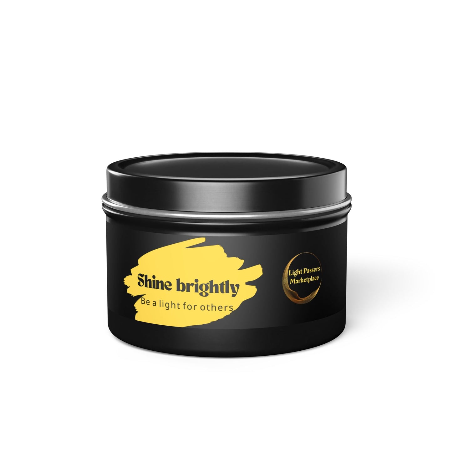 Tin Candle Holder with Shine Brightly message, featuring a black container with a yellow label, designed for relaxation with eco-friendly coconut soy wax.