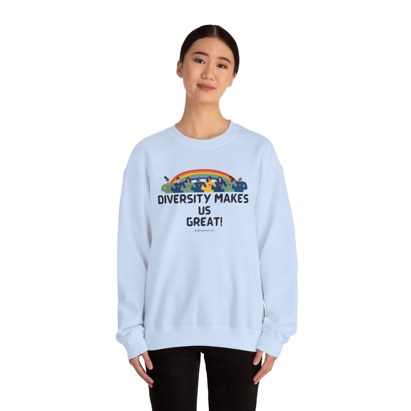 A unisex crewneck sweatshirt featuring a rainbow and people design, made from 50% cotton and 50% polyester blend for comfort and durability. No itchy side seams, ribbed knit collar, and double-needle stitching. Ethically sourced and OEKO-TEX-certified.