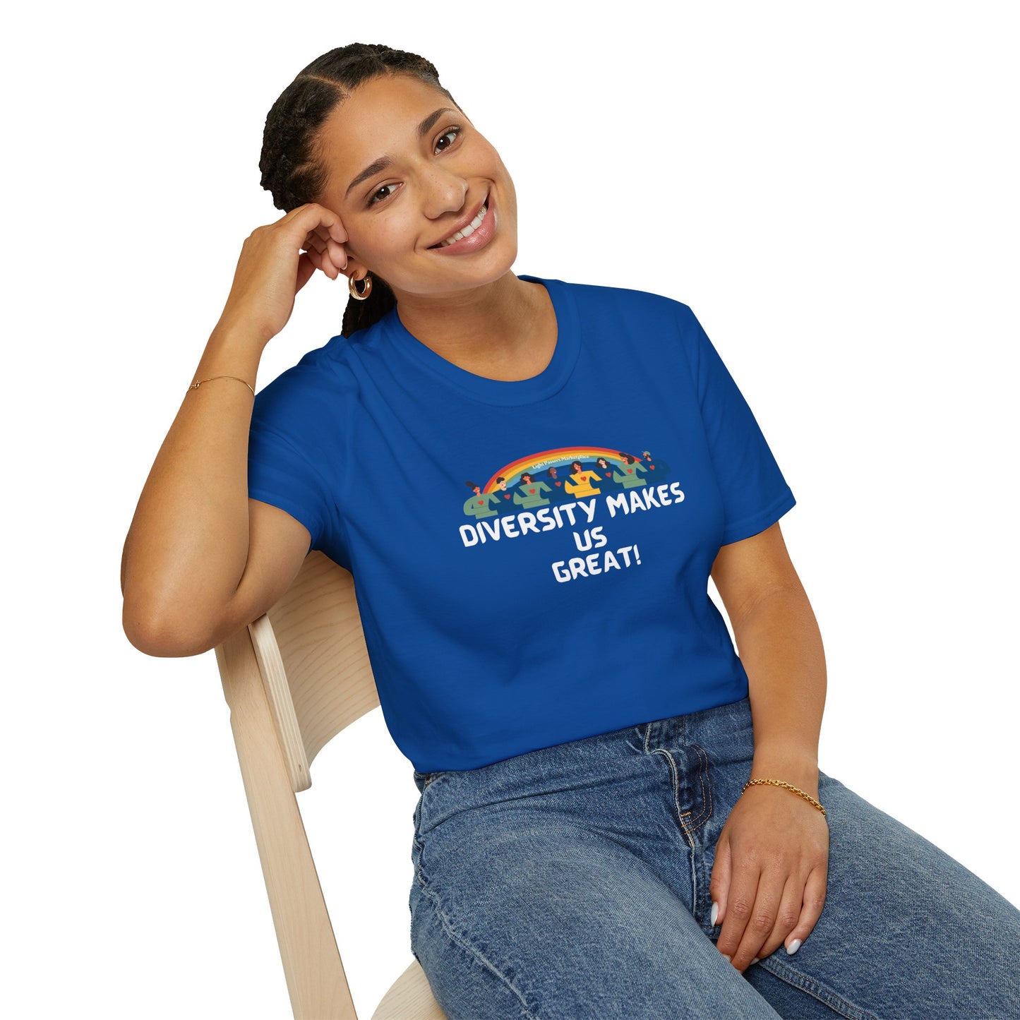 A woman in a blue shirt smiling, sitting on a chair. Unisex heavy cotton tee with smooth surface for vivid printing. No side seams for comfort.