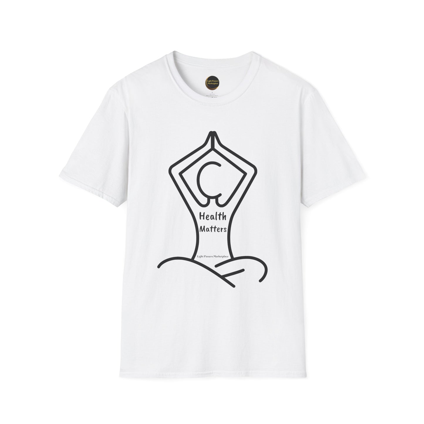 A white unisex t-shirt featuring a drawing of a person in a yoga pose, embodying health and wellness. Made of soft 100% cotton, with twill tape shoulders and ribbed collar for durability and comfort.