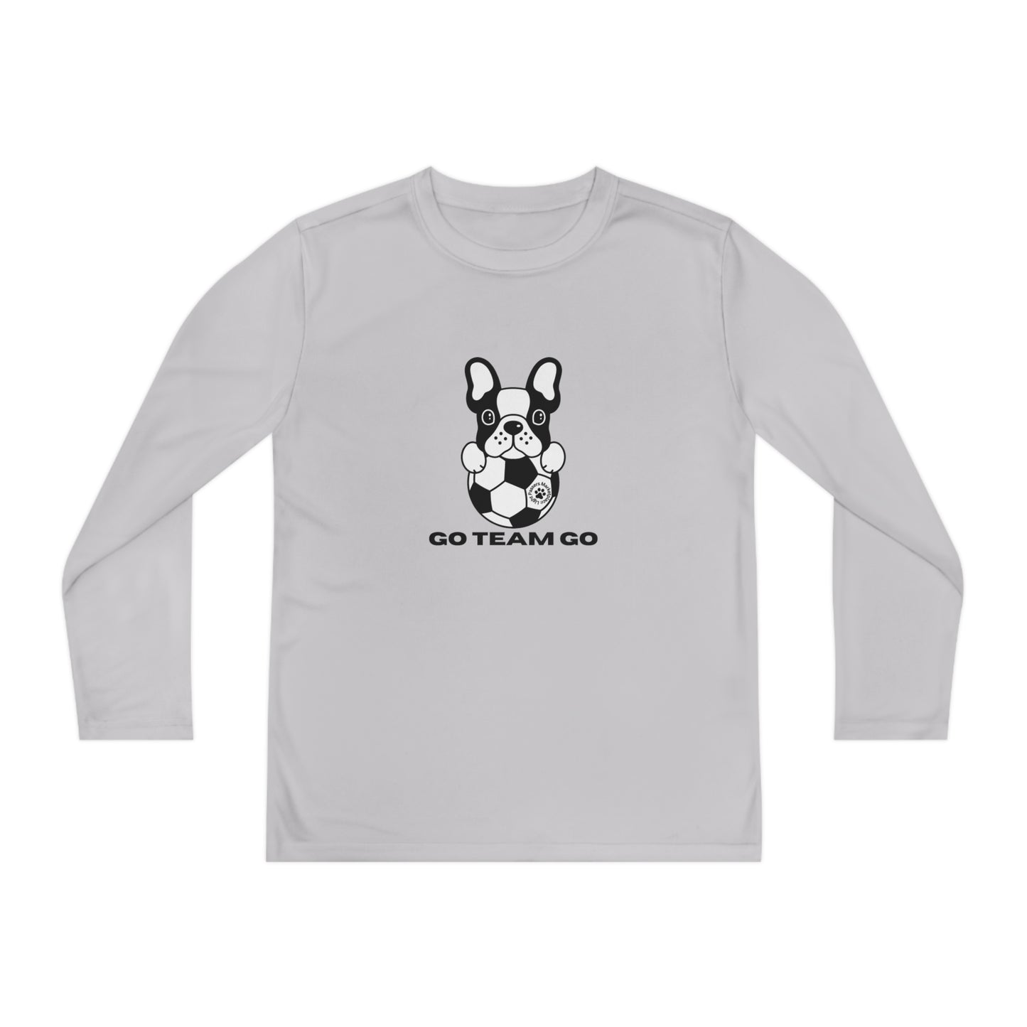 Youth Long Sleeve Soccer Dog Go Team Go featuring a black and white dog with a football print, ideal for young soccer fans.