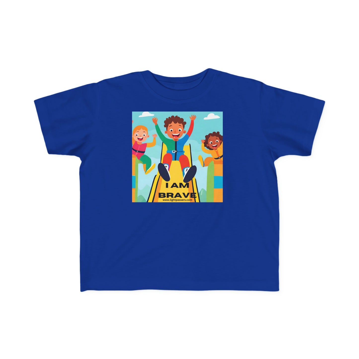 Toddler T-shirt featuring I am Brave on slide cartoon characters. Soft 100% cotton, durable print, tear-away label, classic fit, ideal for sensitive skin.
