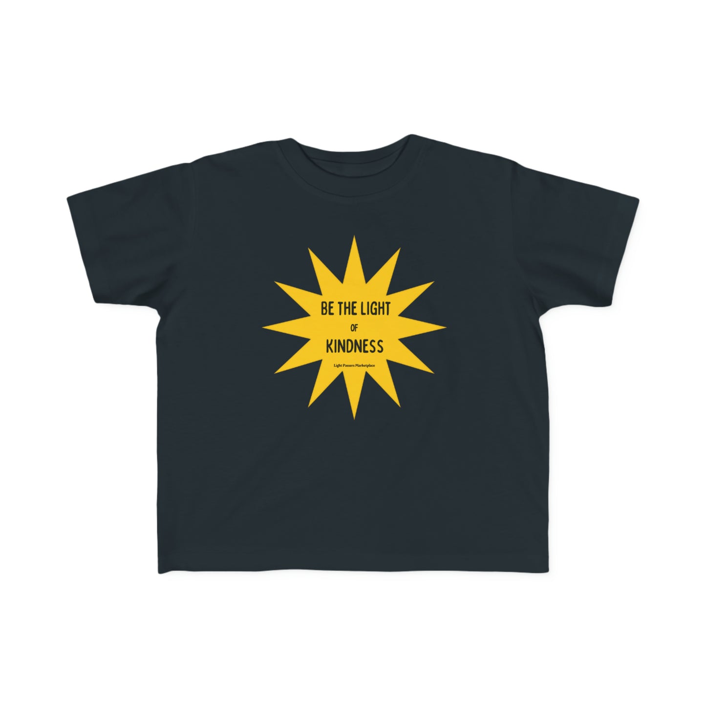 A toddler's black tee with a yellow star and sun design, ideal for sensitive skin. Made of 100% combed, ring-spun cotton, featuring a durable print and a tear-away label.