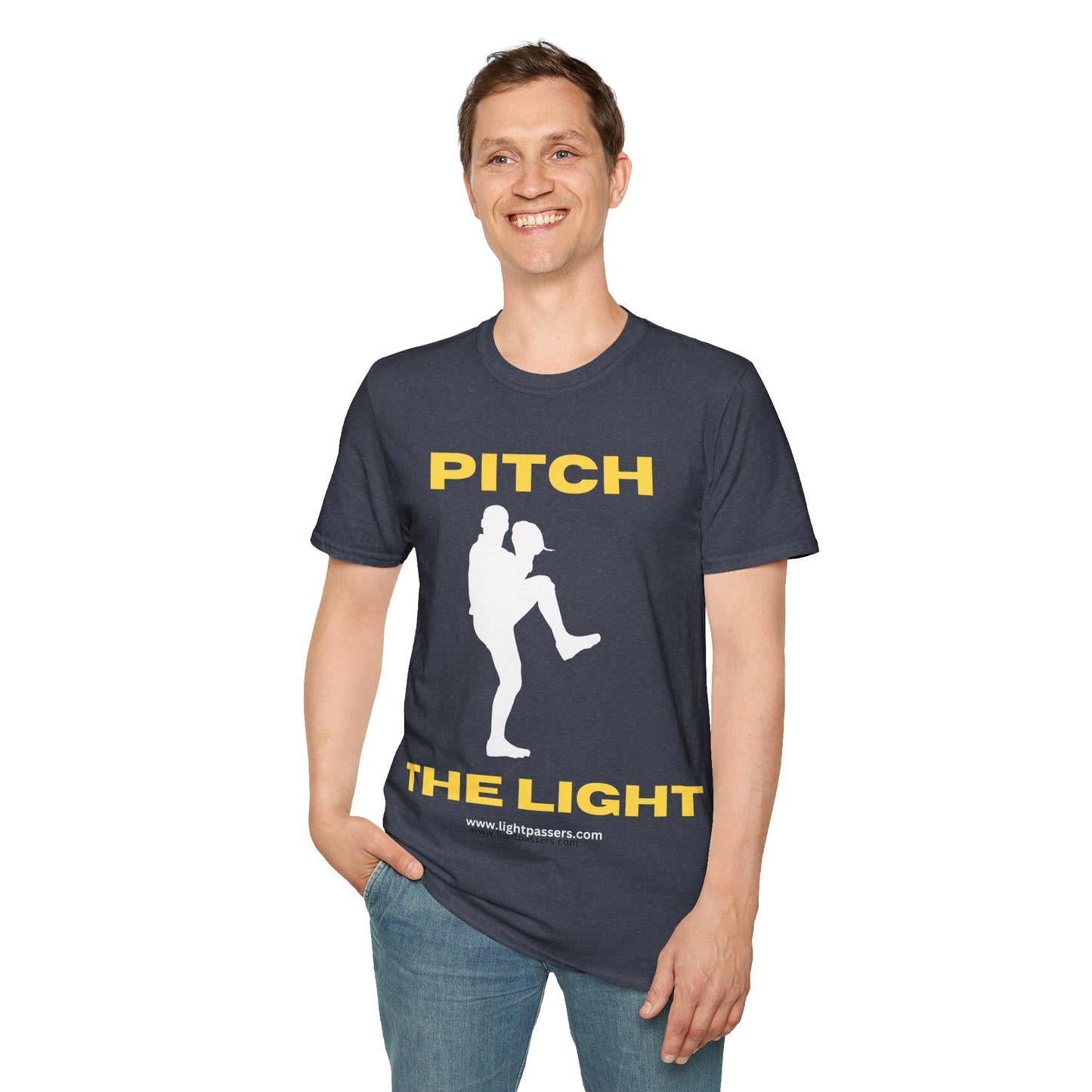 A man in a PITCH THE LIGHT yellow lettering t-shirt with a baseball player image. Soft 100% cotton tee, twill tape shoulders, no side seams, ribbed collar.