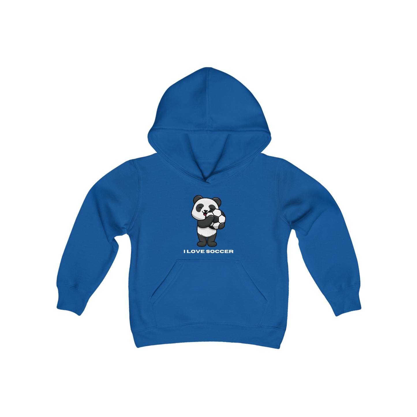 Youth hooded sweatshirt featuring a panda playing soccer, made of soft preshrunk fleece with kangaroo pocket. 50% cotton, 50% polyester blend for print quality.