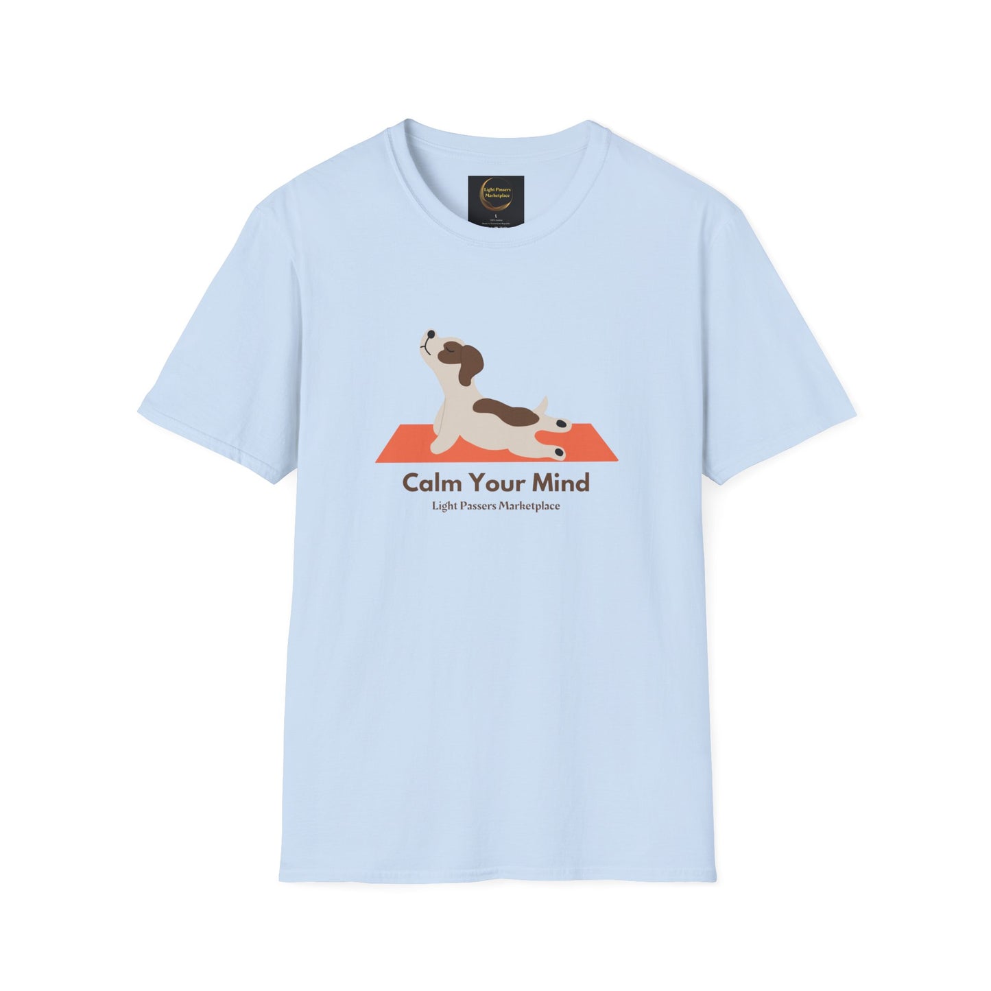 A soft-style unisex t-shirt featuring a calm dog yoga design. Made of 100% ring-spun cotton, lightweight, with twill tape shoulders for durability and ribbed collar to prevent curling. Ethically sourced and Oeko-Tex certified.