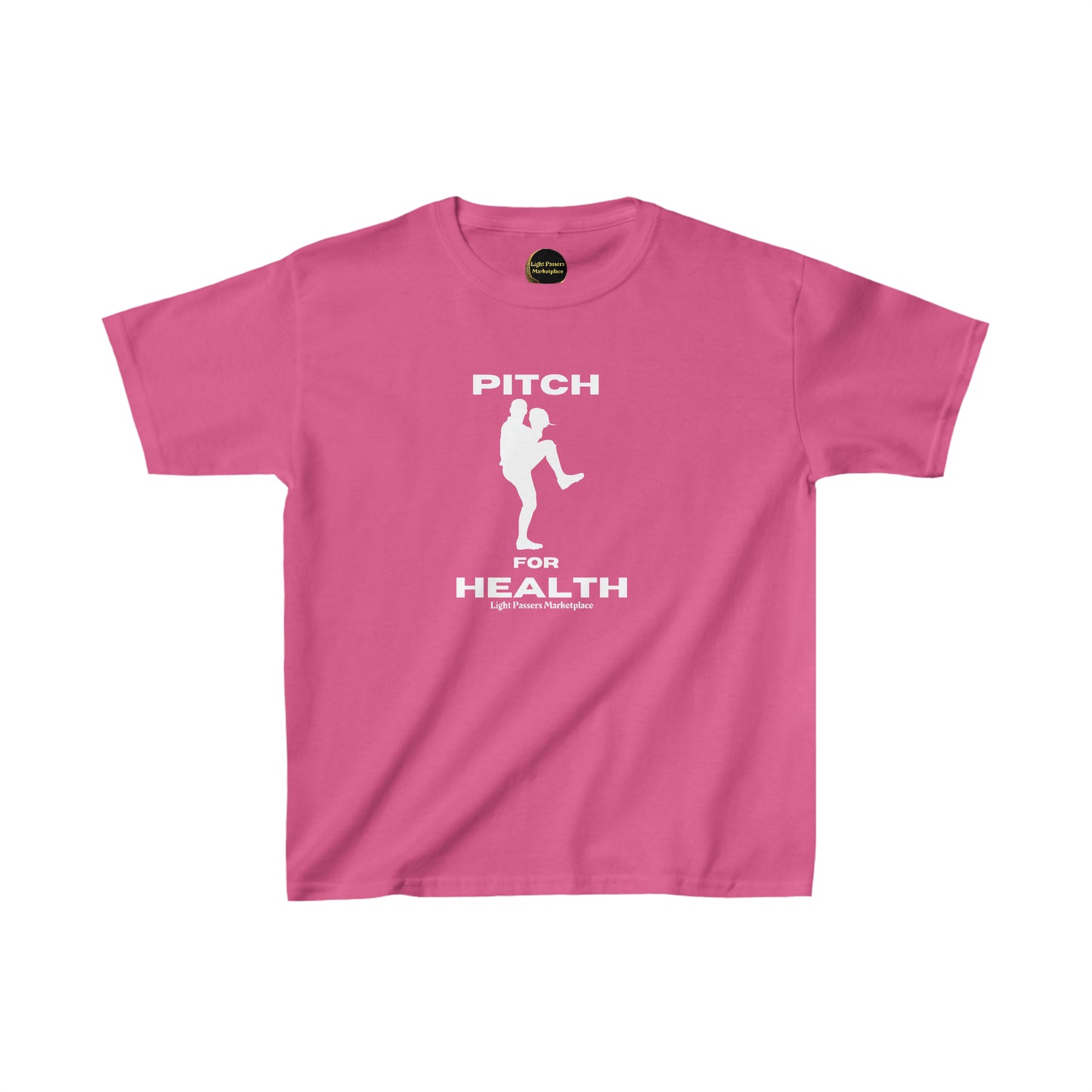 A pink youth cotton t-shirt with white text, featuring a classic fit and durable twill tape shoulders. Made from 100% US cotton, ideal for printing, with tear-away labels for comfort.