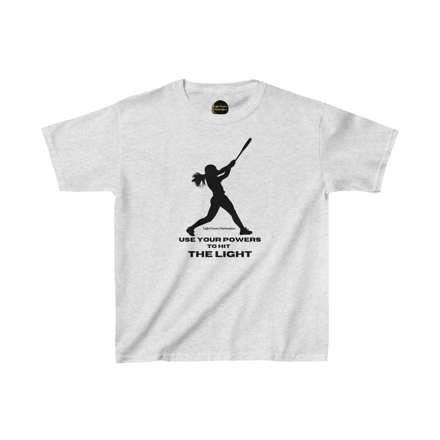 Youth white t-shirt featuring a black design of a girl swinging a bat. Made of 100% cotton with twill tape shoulders for durability and curl-resistant collar. Ethically sourced and Oeko-Tex certified.
