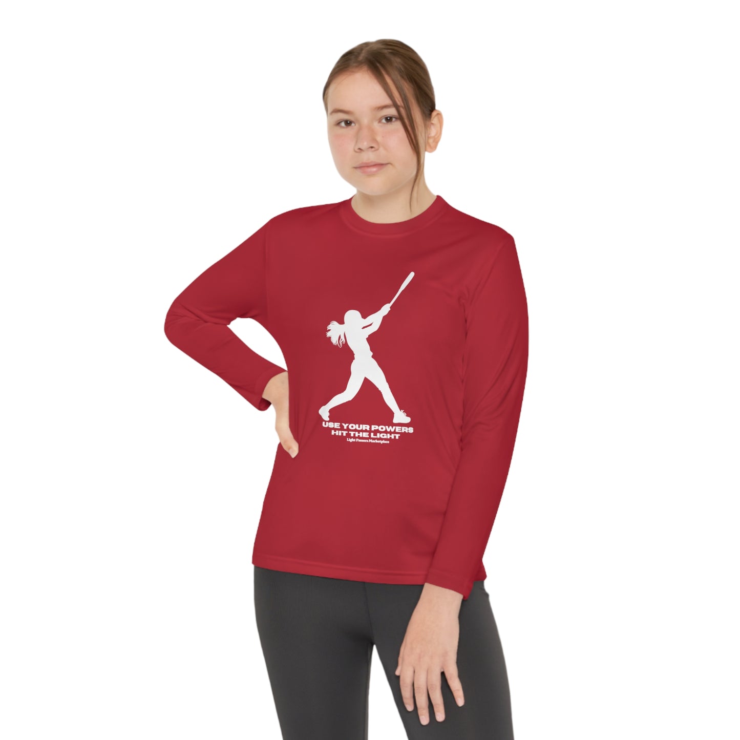 A girl in a red Sport-Tek PosiCharge ® Competitor™ tee swings a bat. Made of 100% moisture-wicking polyester, lightweight, and breathable for active kids.