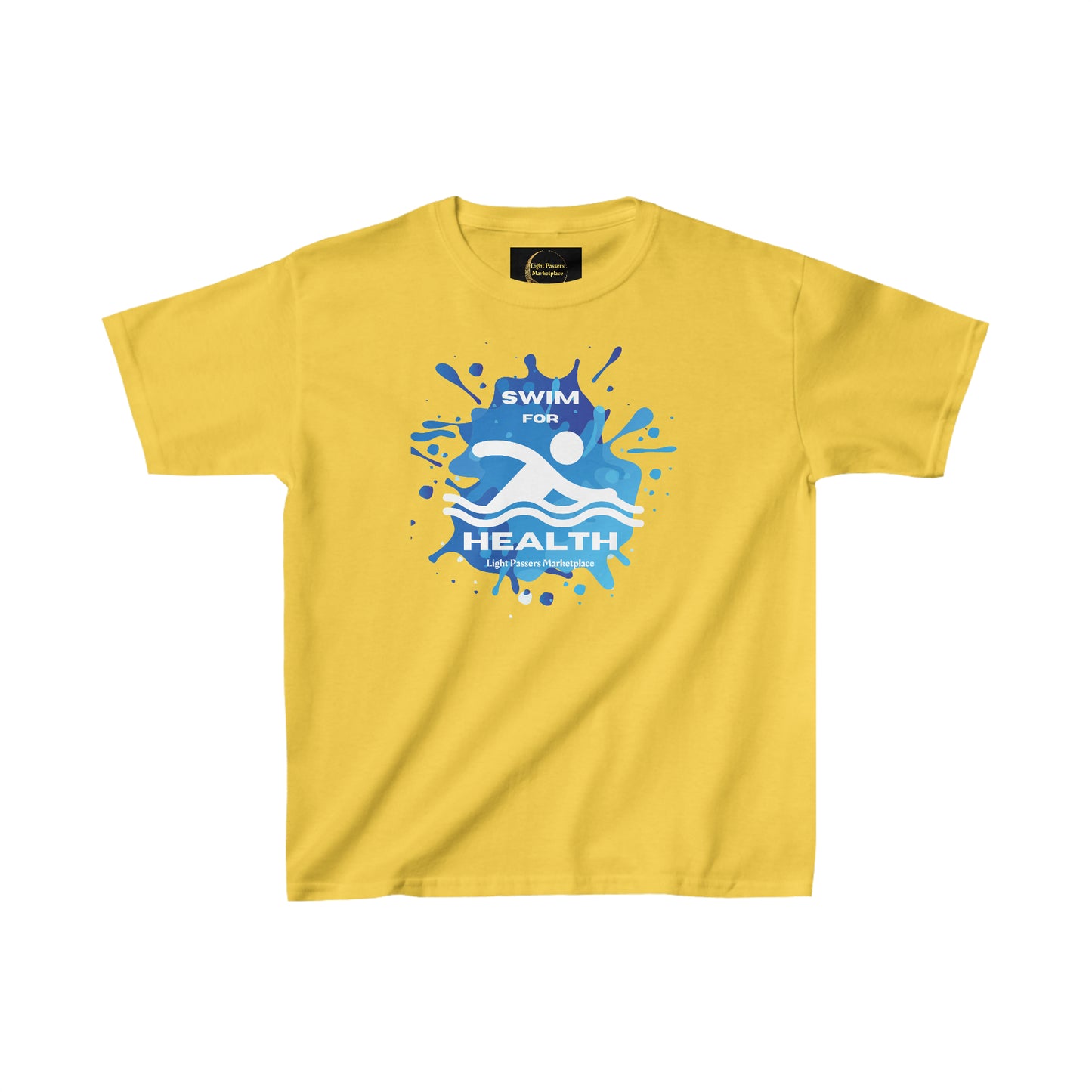 Youth T-shirt featuring a logo on a yellow background, ideal for everyday wear. Made with 100% cotton for solid colors, with twill tape shoulders for durability and a curl-resistant collar. Ethically sourced and Oeko-Tex certified.