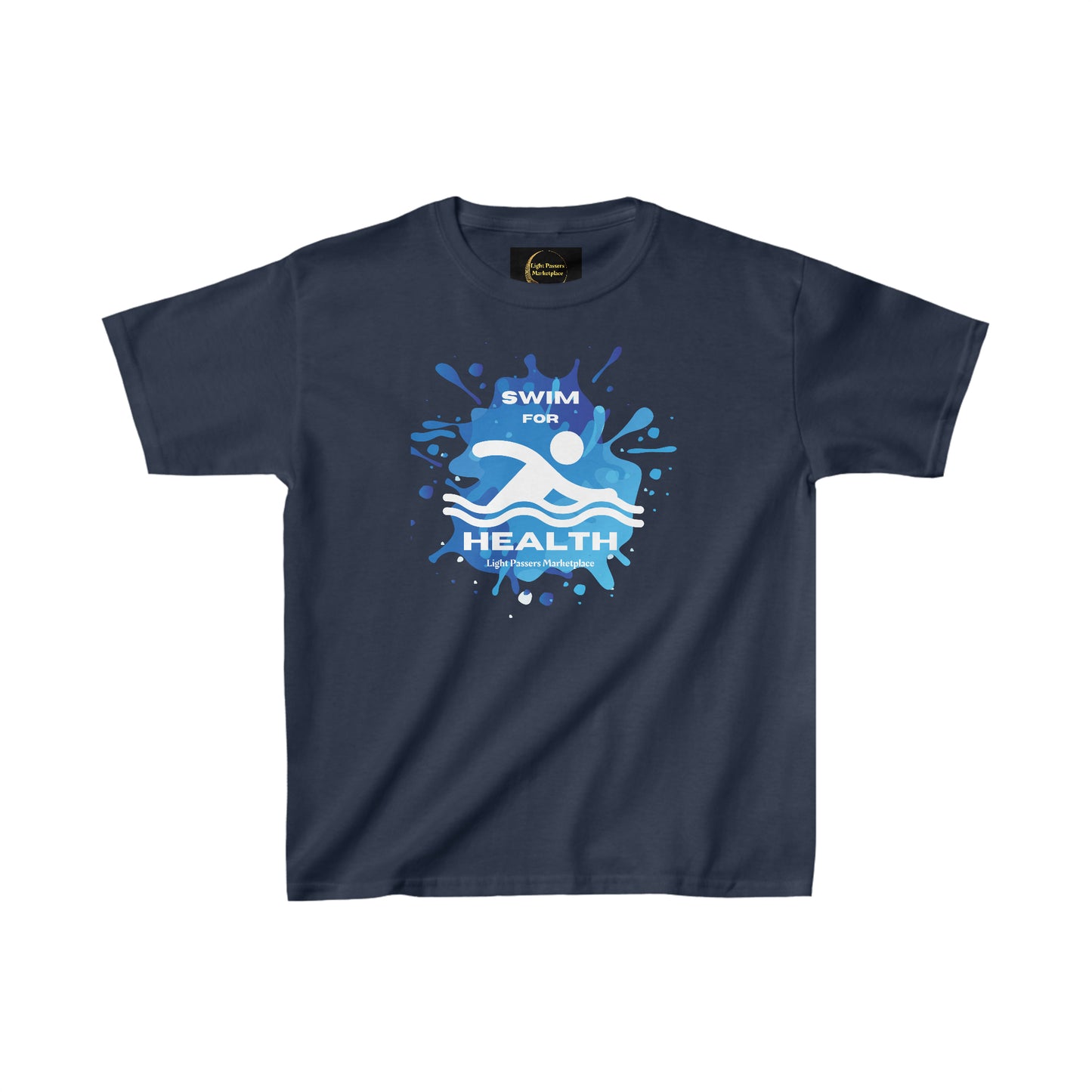 Youth blue t-shirt with logo, made of 100% cotton for durability. Features twill tape shoulders, curl-resistant collar, and no side seams. Ethically sourced US cotton, perfect for printing.