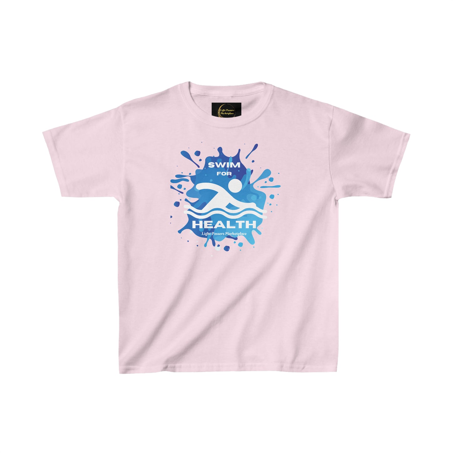 Youth T-shirt with blue splashes, ideal for daily wear. 100% cotton fabric, twill tape shoulders, curl-resistant collar, and tear-away labels for comfort. Ethically made with US cotton.