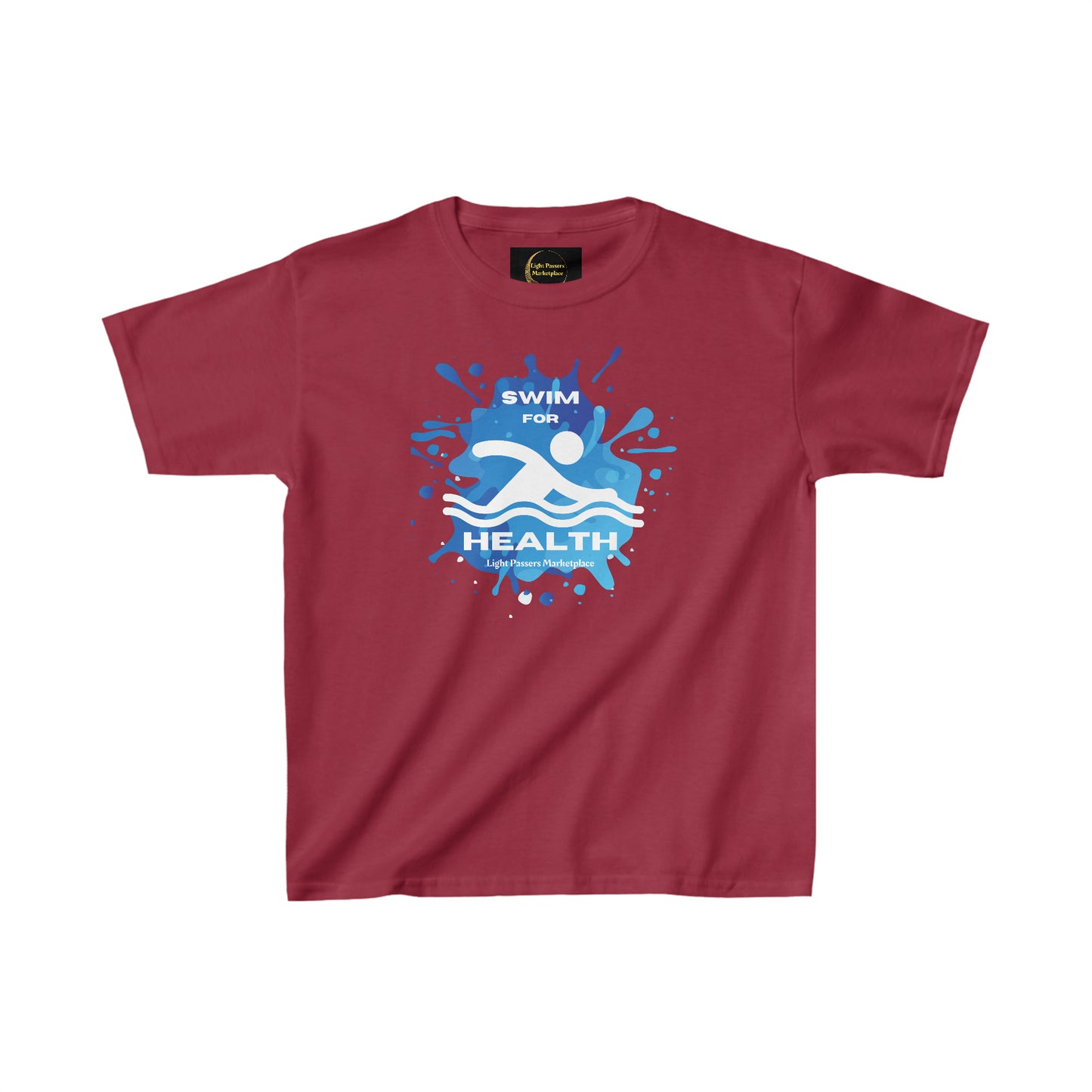 Youth red shirt with logo, 100% cotton for solid colors, twill tape shoulders, curl-resistant collar, no side seams. Ethically made with US cotton.