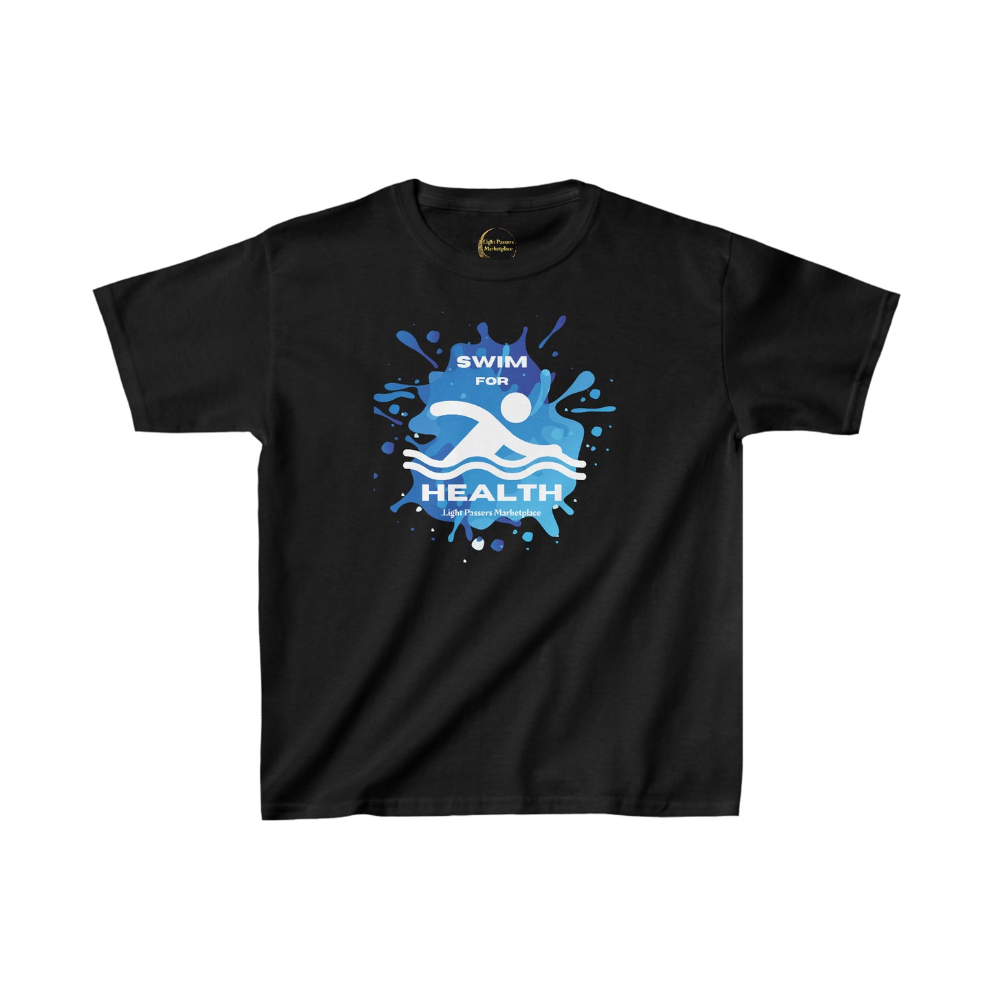 Youth black t-shirt with logo, twill tape shoulders, and curl-resistant collar. Made of 100% cotton for solid colors, with polyester for heather variants. Ethically sourced and Oeko-Tex certified.