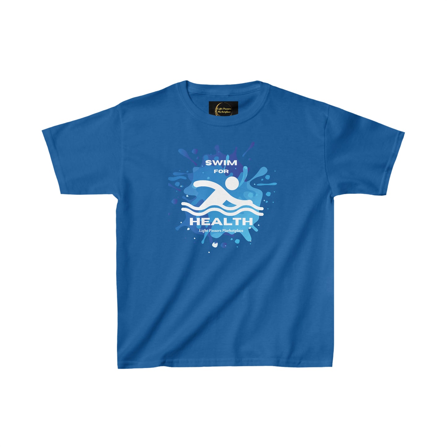 Youth blue t-shirt with logo, ideal for daily wear. Made of 100% cotton, featuring twill tape shoulders and ribbed collar for durability. Ethically sourced US cotton, tear-away labels for comfort.