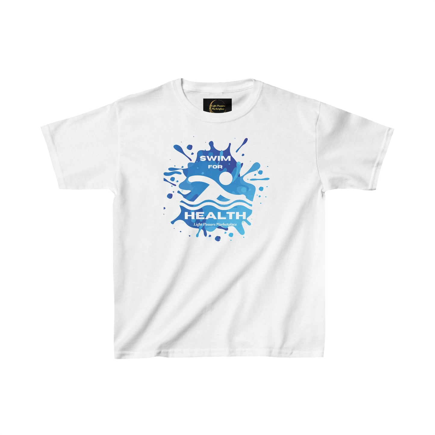 Youth t-shirt with blue paint splashes, swim for health logo, 100% cotton, twill tape shoulders, curl-resistant collar, ethically made, tear-away labels, Oeko-Tex certified.