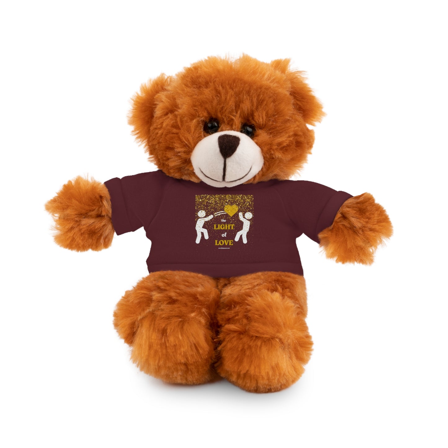 Cool Stuff Stuffies Light of Love: A plush teddy bear wearing a customizable cotton tee, 8 inches tall, featuring polyester and plastic pellet stuffing.