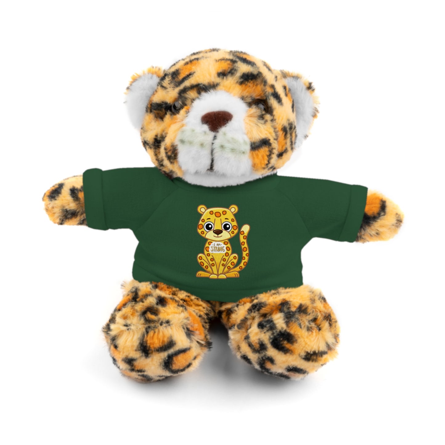 Jaguar Stuffie wearing a I am Strong jaguar design shirt, 8 tall, plush toy for ages 3+, promoting strength and resilience.