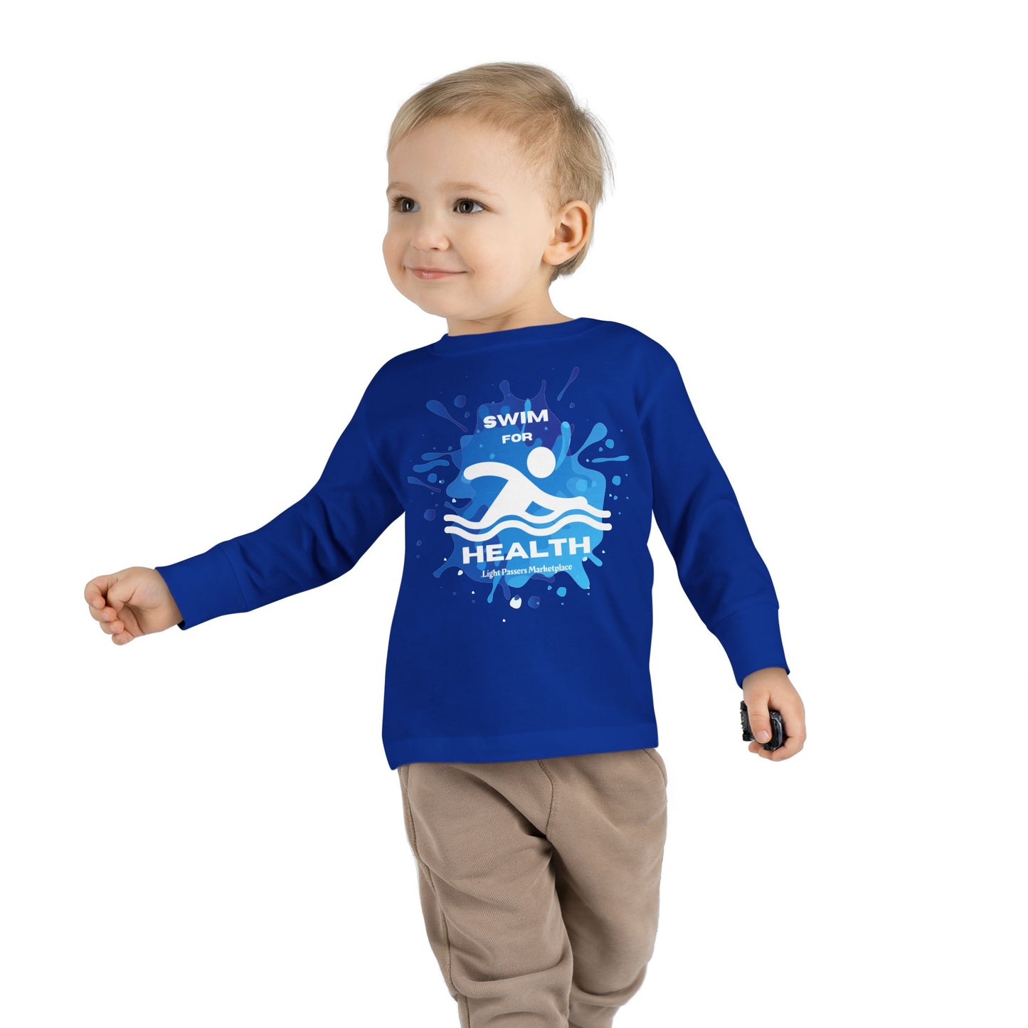 Toddler wearing a Health Toddler Long Sleeve Swim for Health tee, showcasing its ribbed collar and cuffs, ideal for pool or beach activities.